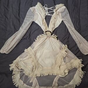 Fringed Mesh Dress with Lace-Up Back